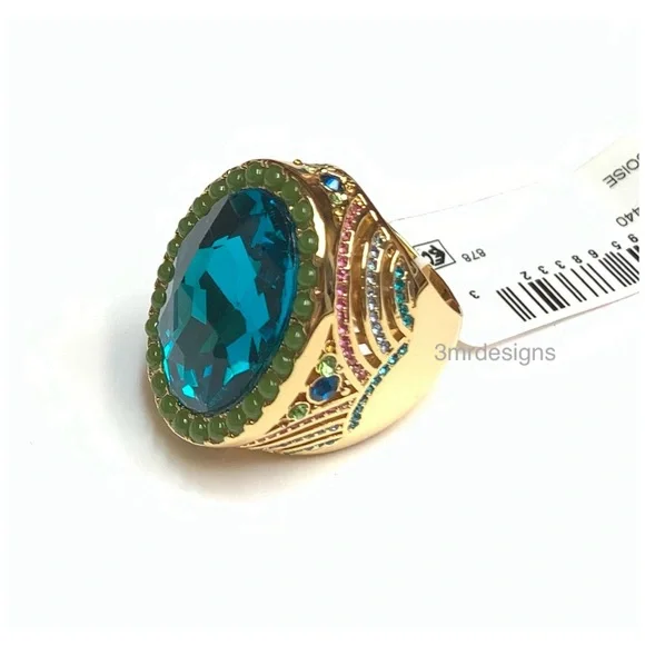 NWT KURT GEIGER LONDON Oval-Cut Gold Tone Turquoise CZ Crystal X-Large Ring - Picture 7 of 12
